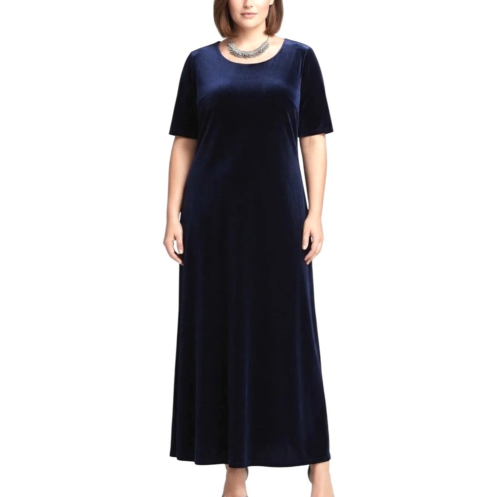 VTG TALBOTS Dark Blue VELVET/VELOUR Round Neck SHORT SLEEVES Maxi SHEATH DRESS L